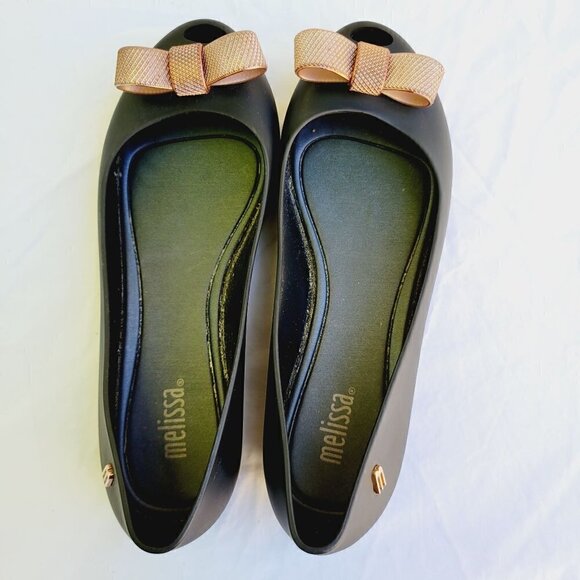 Melissa Women's Black Peep Toe Ultragirl Sweet Bow Flats - size 5 - Picture 5 of 10